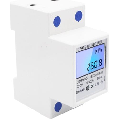 DIN-Rail Energy Meter 5-80A DDM15SD LCD Backlight Digital Display Single Phase Electronic Energy KWh Meter
