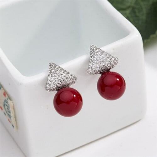 New Copper Spike Cubic Zirconia Exquisite Red ball Stud Earrings Women Fashion Cute for Girls Simple Elegant Woman Earrings