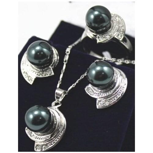 Popular Natural 4color , green, Dark pink red black green 10mm shell pearl pendant earrings ring set