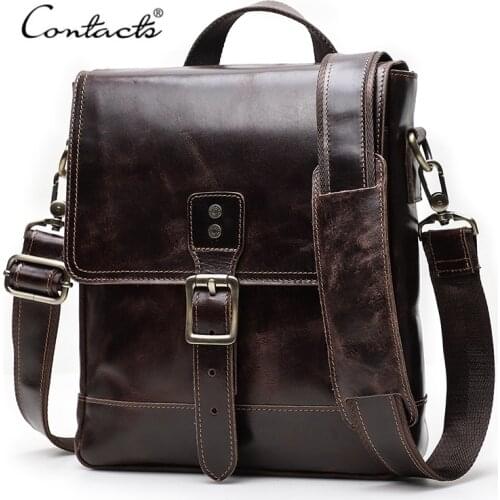 CONTACTS Genuine Leather Messenger Bag for Men Casual Shoulder Crossbody Bags Large Capacity Male Handbags for 9.7 inch iPad