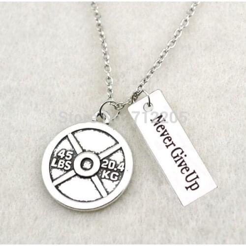 Fitness Weightlifting jewelry Vintage Circle 45LBS 20.4KG Weight Plate and Never Give Up Gym necklace