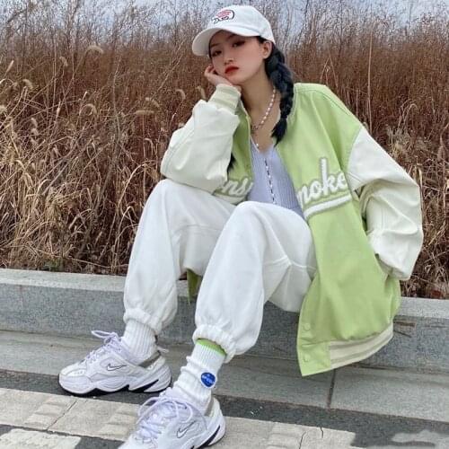 Harajuku Letter Green Baseball Womens Spring and Autumn Loose Korean American Streetwear Top Vintage Oversized Jacket Clothes
