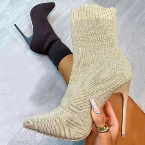 Rimocy Elastic Knitted Socks Boots for Women 2021 Pointed Toe Stiletto High Heels Ankle Boots Woman Slip on Party Shoes Lady 43