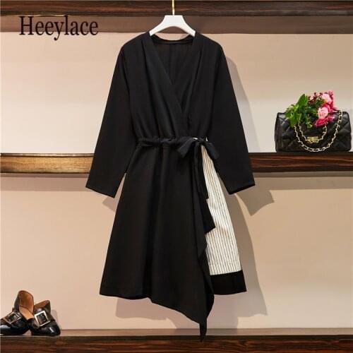 Plus Size Women Elegant Warp Dress Autumn 2020 Fashion V-neck Long Sleeve Patchwork Striped Asymmetric Short Dresses