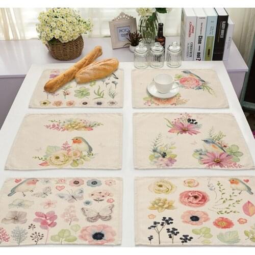 1Pcs Bird Pattern Kitchen Placemat Cotton Linen Flower Pad Dining Table Mats Coaster Bowl Cup Mat 42*32cm Home Decor MP0097
