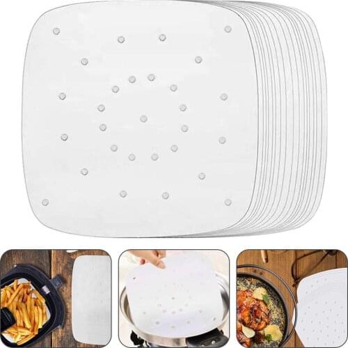 100pcs Kitchen Air Fryer Square Baking Paper 100% Food Grade Baking Tools Silicone Oil Paper Non-stick Steaming Basket Mat