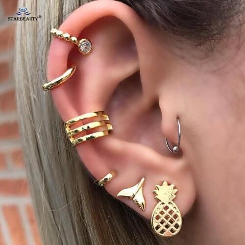 7 pcs/lot Fish Tail Ear Piercing Gold Pineapple Tragus Daith Earrings Set Helix Piercing Fake Earrings Fake Piercing Ear Jewelry