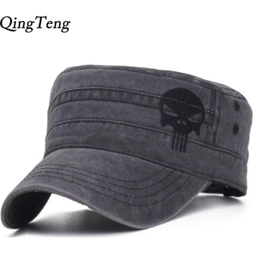 Washed Cotton Men Baseball Cap Hat Cool Embroidered Skull Flat Top Military Cap Outdoor Casual Dad Hats Army Tactical Casquette