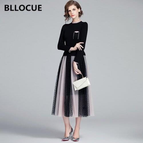 BLLOCUE Fashion Women Pleated Knitting Casual Dresses 2020 Spring Autumn Elegant Womens Dot Mesh patchwork Slim Dress