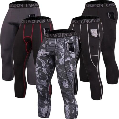 Elastic Men Running Compression Calf-Length Pants Quick Dry Basketball Training Tights Trousers Jogging Pocket Mens Sportswear