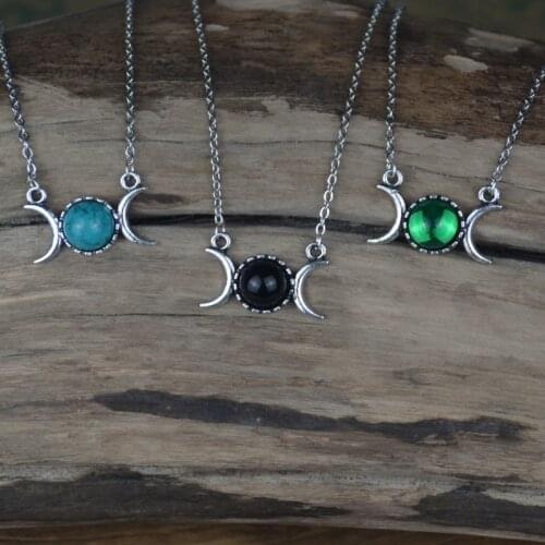 Dainty triple moon choler necklace gothic witch pendant goddess hecate quartz necklace