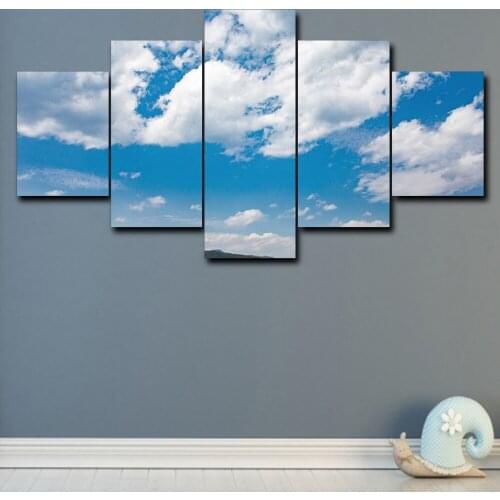 Laeacco 5 Panel HD White Clouds Home Decoration Pictures Nordic Decorative Background Wall Posters and Prints Canvas Painting