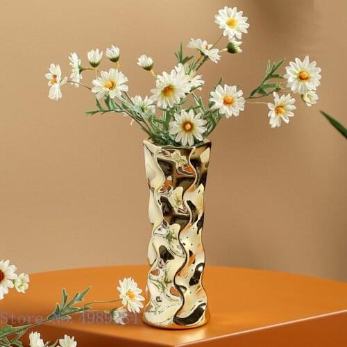 Ceramic Vase Fold Lines Wave Pattern Golden Flower Vase Flower Arrangement Hydroponics Accessories Home Decoration Wedding