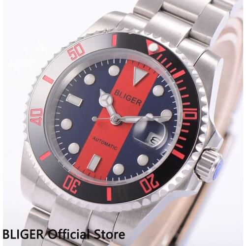 Classic BLIGER 40MM Red Blue Dial Black Ceramic Bezel Luminous Marks Sapphire Glass MIYOTA Automatic Movement Mens Watch C16