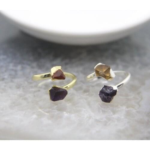 Natural Amethysts Citrines Dual Gemstone Adjustable Ring,Yellow Quartz Purple Crystal Finger Rings For Womans Party Gift
