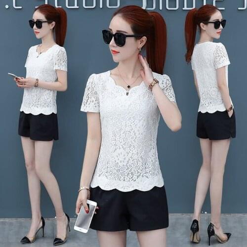 Lace Tops Women 2021 Summer New Sexy Hollow Short Sleeve T-Shirt Female Summer Korean Blusas Femininas Top Ladies Clothing Y668