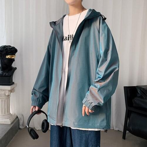 Spring New Mens Colorful Reflective Zipper Jacket Male Casual Streetwear Loose Hoody Coat Men Outwear 4XL 5XL