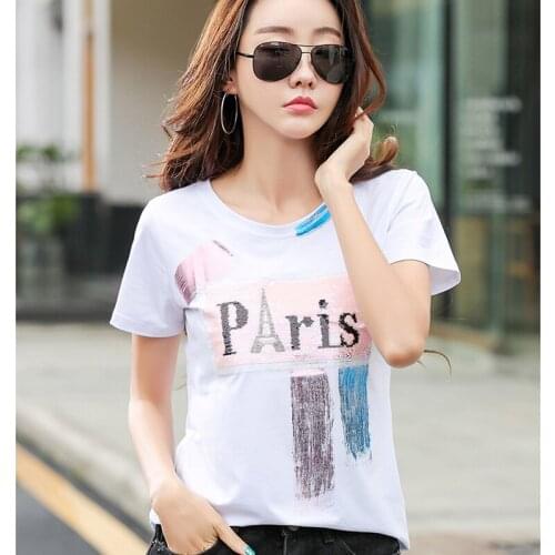 Summer Sequin graffiti Korean Tops Women Knitted Cotton Basic Tee Shirts Women Short Sleeve Casual T-shirt Femme Summer 2020