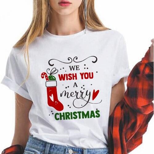 We Wish You A Merry Christmas Letters Harajuku Cartoon T-shirt Women/Men Friends Short Sleeve Loose Tops Casual White Shirt