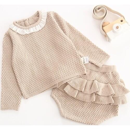 2021 New Autumn Kids Sets Baby Girls Clothing Sets Knitted Long Sleeves Sweater Tops+PP Shorts Toddler Baby Boys Girls Clothes