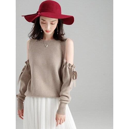 Spring New Loose Slim Fashion Sweater Womens Off-the-shoulder Bow Temperament Knit Bottoming Sweater Female Round Neck Trend
