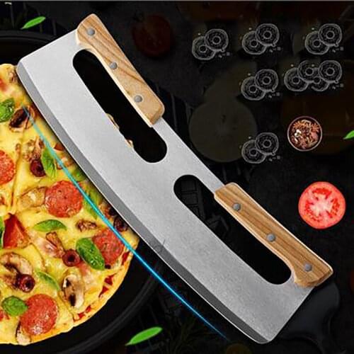 Pizza Cutter Rocker Stainless Steel with Double Wooden Handle 14 Inch Upgraded Sharp Pizza Slicer Knife Chopper with Blade Cover