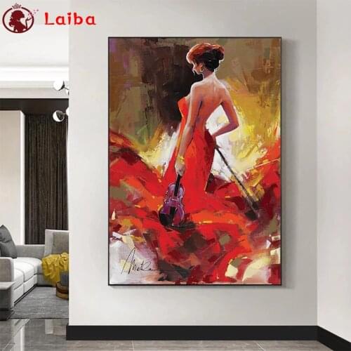 Full square diamond painting Abstract art, painted back view of girl playing violin pictures for embroidery round diamond mosaic