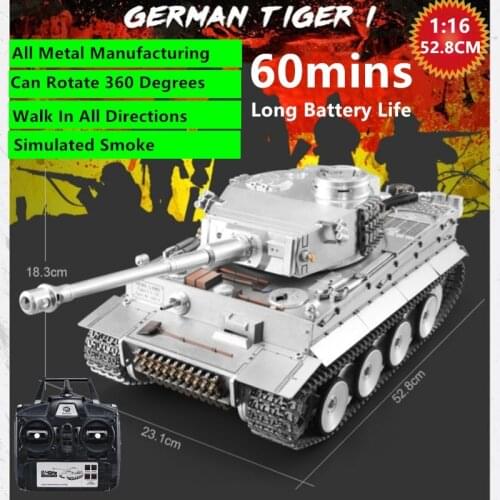Full Metal Simulation RC Battle Tank 52.8cm 1:16 60mins Long Battery Life 2.4G Sound Effect Simulated Smoke Electric Tank Model