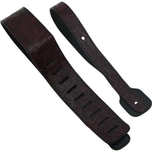 KAISH PU Leather Adjustable Acoustic Electric Guitar Bass Wide Strap Wine Red Flower Embossed Strap