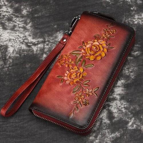 3D Embossing Retro Wallet for Women Clutch Bag Genuine Leather Wallet Female Long Clutch Money Bag Coin Purse Phone Pocket