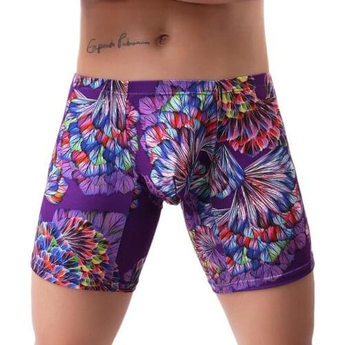 Sexy Men Plus Size Fantasy Printed Ice Silk Smooth Solid U Convex Pouch Half-length Boxers Long Leg Underpants Boxer Gay Wear 13