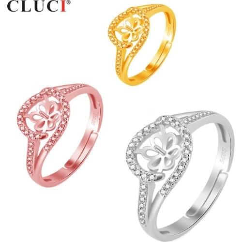 CLUCI Silver 925 Twisted Zircon Pearl Ring Mounting Jewelry for Women Wedding Real 925 Sterling Silver Adjustable Rings SR2129SB