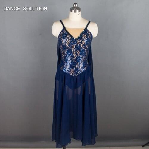 Navy Blue Sequin Lace and Long Chiffon Ballet Dress for Child and Adult Lyrical & Contemporary Dance Costumes 18443A