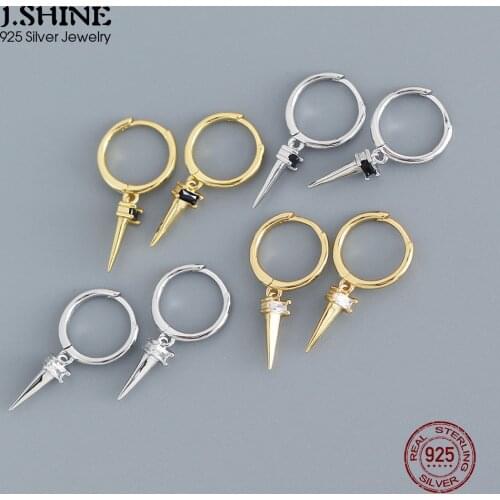 JShine Authentic S925 Sterling Silver INS Zirconia Long Nail Round Ear Buckle Punk Rivet Drop Earrings Fine Silver 925 Jewelry