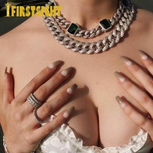 Rose Gold Pink Rectangle Stone Charm Necklace 12MM Iced Out Miami CZ Cuban Link Chain Hip Hop Women Chunky choker Necklace