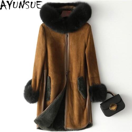 AYUNAUE Natural Fur Coat Female Hooded Winter Clothes Women Sheep Shearling Jacket Real Fox Fur Collar Mujeres Abrigos 090304 54