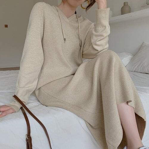 Autumn Winter Women Dress 2021 Hooded Knitted Midi Dresses for Women Long Sleeve Loose Female Sweater Vestidos 2021