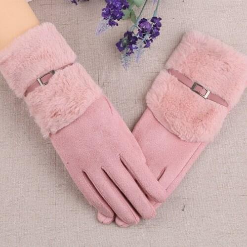 Winter Women Keep Warm Touch Screen Plus Velvet Inside Gloves Plush Wrist Suede Outdoor Cycling Female Elegant Gloves