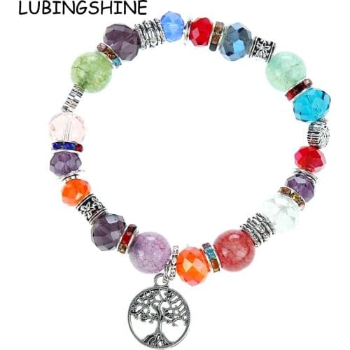 Fashion Color Crystal Beaded Tree of Life Elastic Bracelet Charms Butterfly Rose Pendant Bracelets for Women Men Jewelry Gift