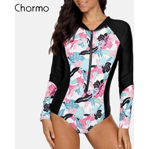 Charmo Women Long Sleeve Zipper Rashguard One-piece Swimsuit Swimwear Surfing Top Rash Guards UPF50+ Running Wear Biking Shirt