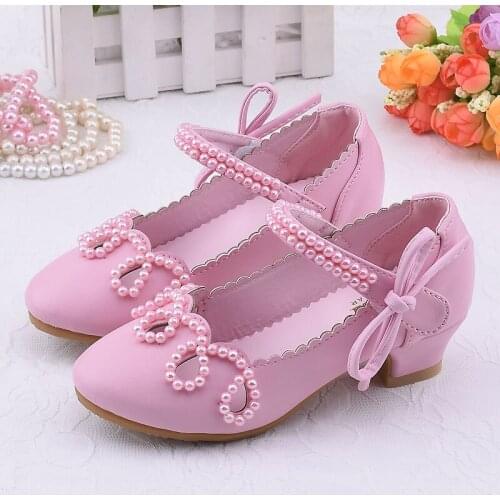 Children Leather Shoes for girls dance Kids Princess with heel Performance Shoes Pearl Solid Color White Pink SW006