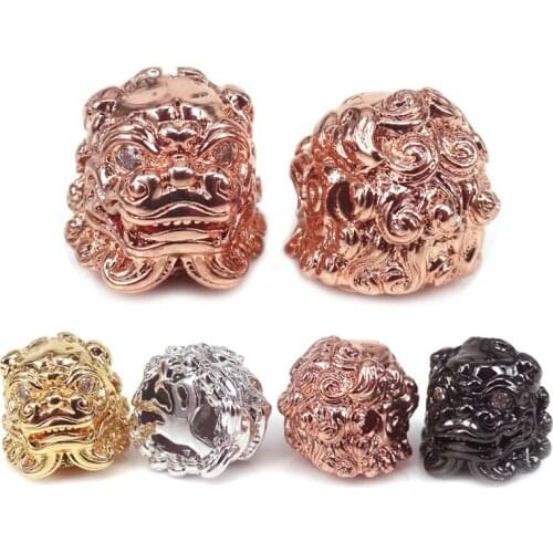 Micro Pave CZ Pi Xiu Animal bead,New Chinese fortune Gold Lion Beads For Men Bracelet Making Spacer Metal Kylin 13*12*12mm