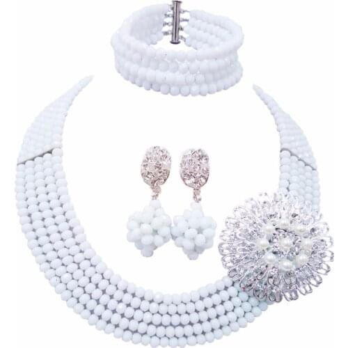 Fashion White Crystal African Wedding Beads Jewelry Set Nigerian Beaded Necklace for Women Girls 5L-DS017