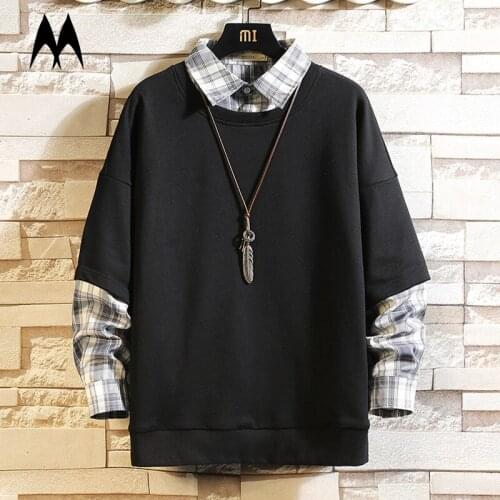 Fashion Plaid Patchwork Sweatshirt Men 2021 New Fake Two Long Sleeve Pullover Hip Hop Hoodies Mens Casual Sweatshirts Tops