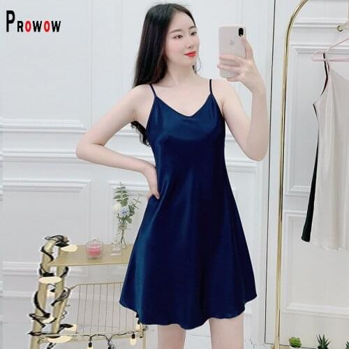 Prowow Sexy Ice Silk Sleeping Dress Pajamas 2021 New Summer V-neck Nightgown Outfits for Women Solid Color Sleepwear Night Dress