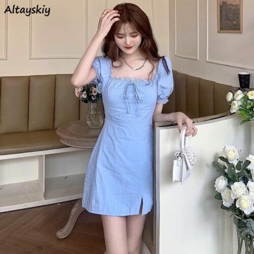 Dress Women Solid Lace Square Collar Side-slit Creativity Summer Sexy Above Knee Elegant Puff Short Sleeve Feminine Vestidos Ins