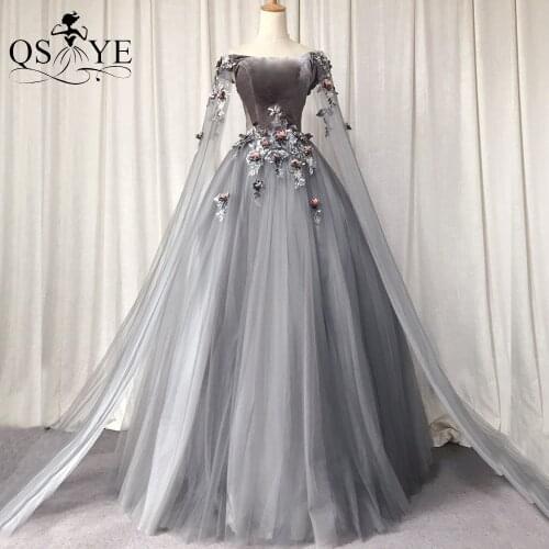 Puffy Grey Prom Dresses Long Shawl Evening Dress Velvet Lace Flowers 3D Tulle Prom Party Gown Off Shoulder Lace up Back Vestido
