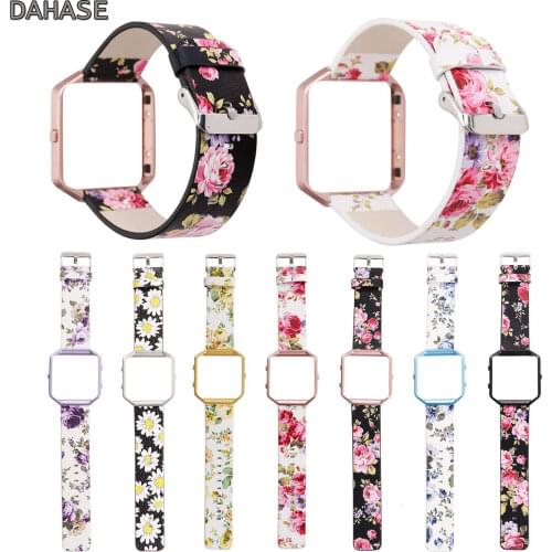 DAHASE Floral Leather Watchband 23mm Flower Strap Replacement Watch Strap For Fitbit Blaze Band w Colorful Metal Frame