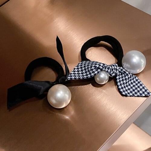 Houndstooth Big Pearl Hair Ties Elastic Hair bands For Women Simple Fashion Striped Printing Bowknot Hair Accessories Wholesale