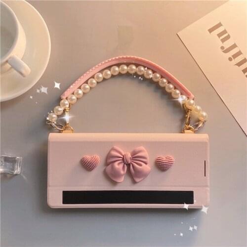 Pink Girly Phone Case for Huawei MateX2 5G Cases Leather Pearl Lanyard for Huawei Mate X2 Cover Heart-shaped Princess Case